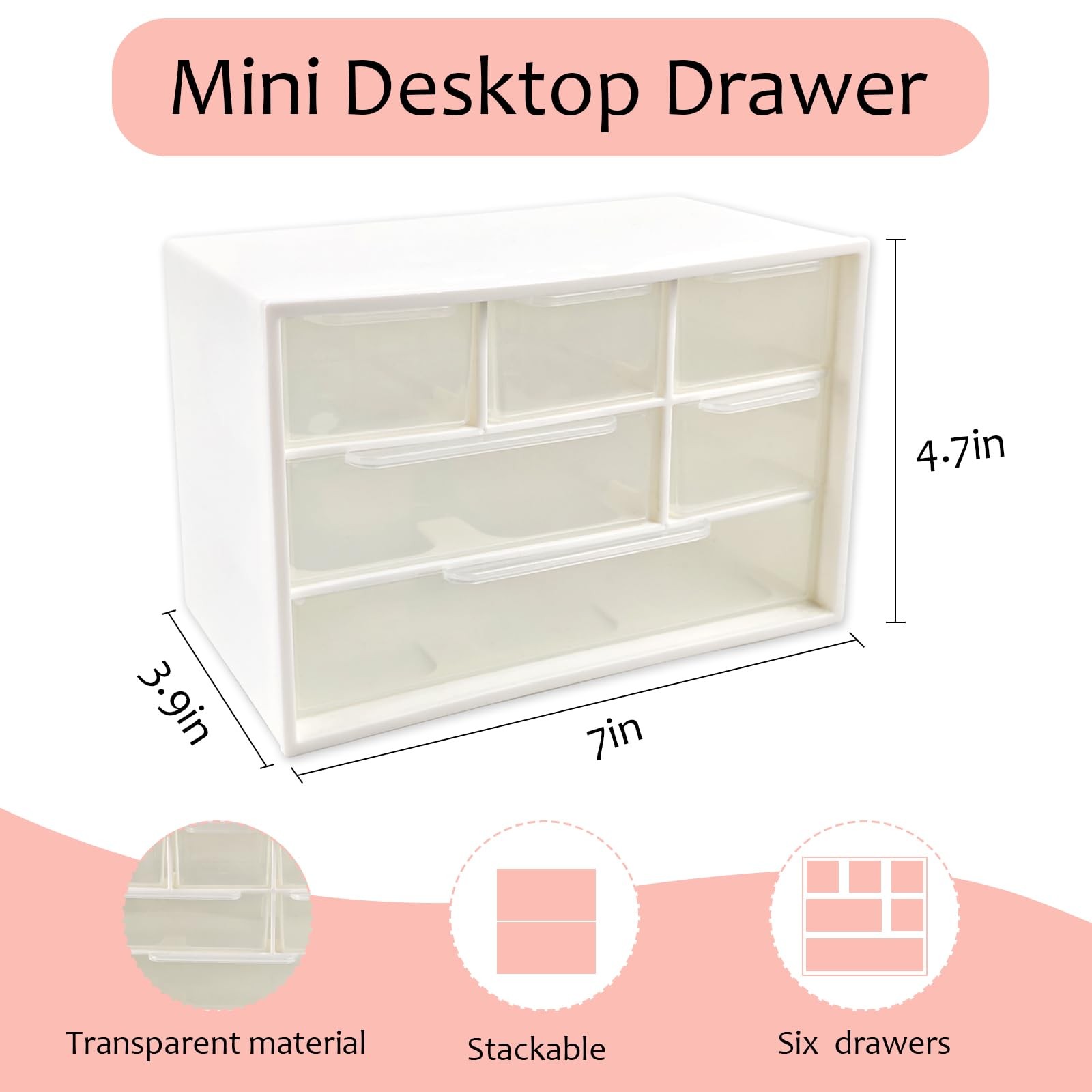 Mini Desk Drawer Organizer with 6 Clear Drawers – 7″ x 3.9″ x 4.7″, White