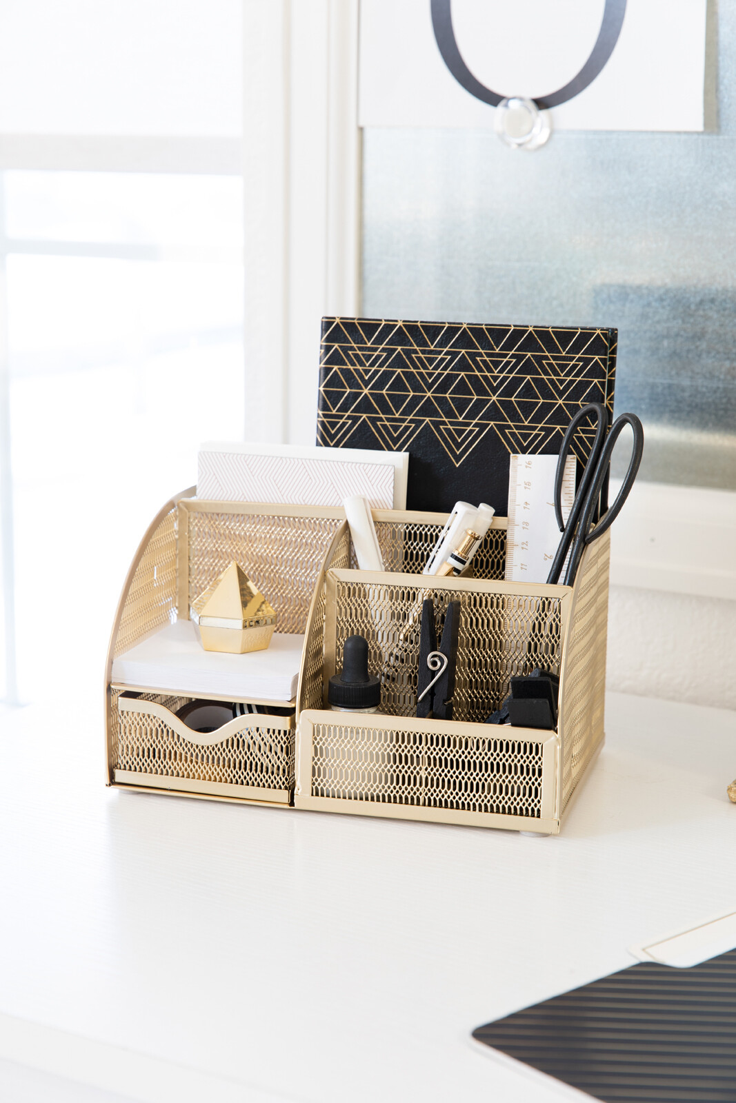 Blu Monaco Unique Metal Gold Desk Organizer with Drawer