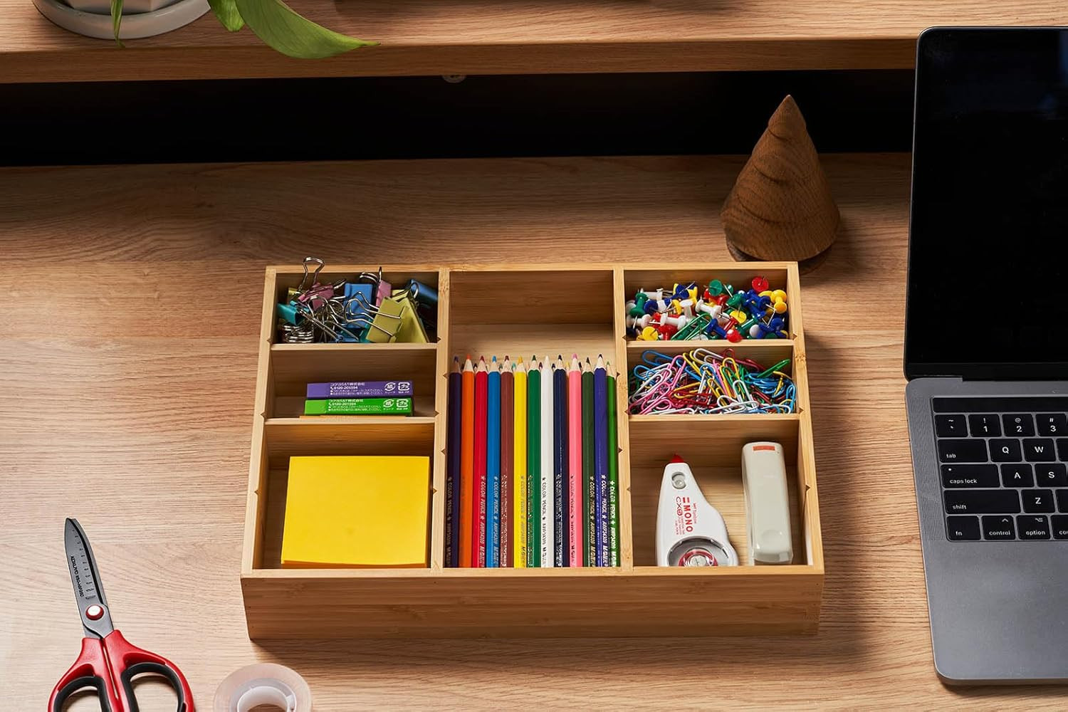 Bamboo Desk Drawer Organizer, Wood Junk Organizer Tray with Adjustable Dividers,