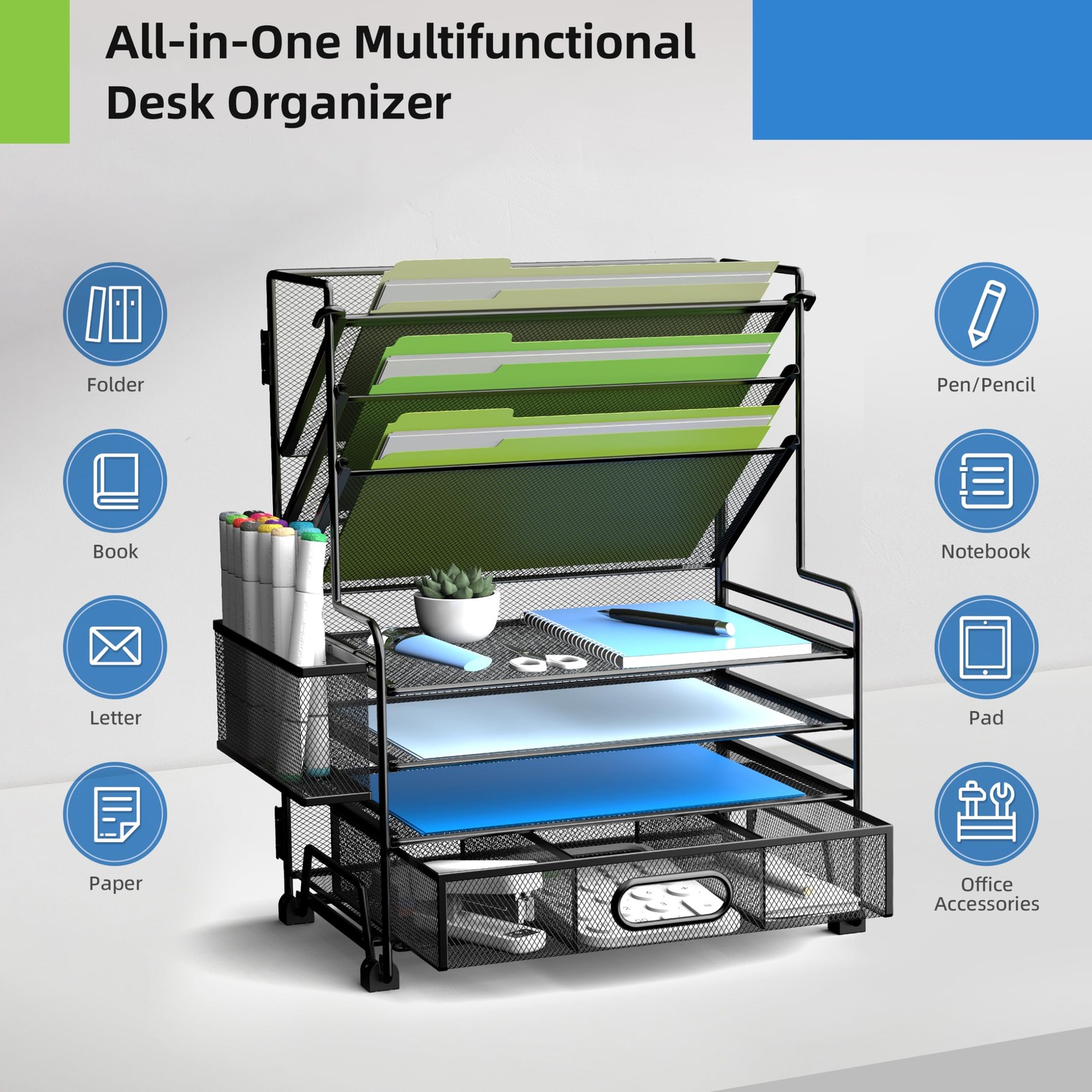 MINDEPOT 4Tier Paper Organizer + 3Pocket File Holder + Drawer + Pen Holders, …