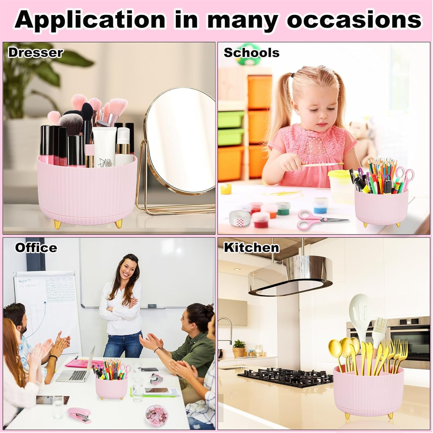 Pink Desk Organizers and Accessories Set with 360-Degree Rotating Pen Holder, Ta