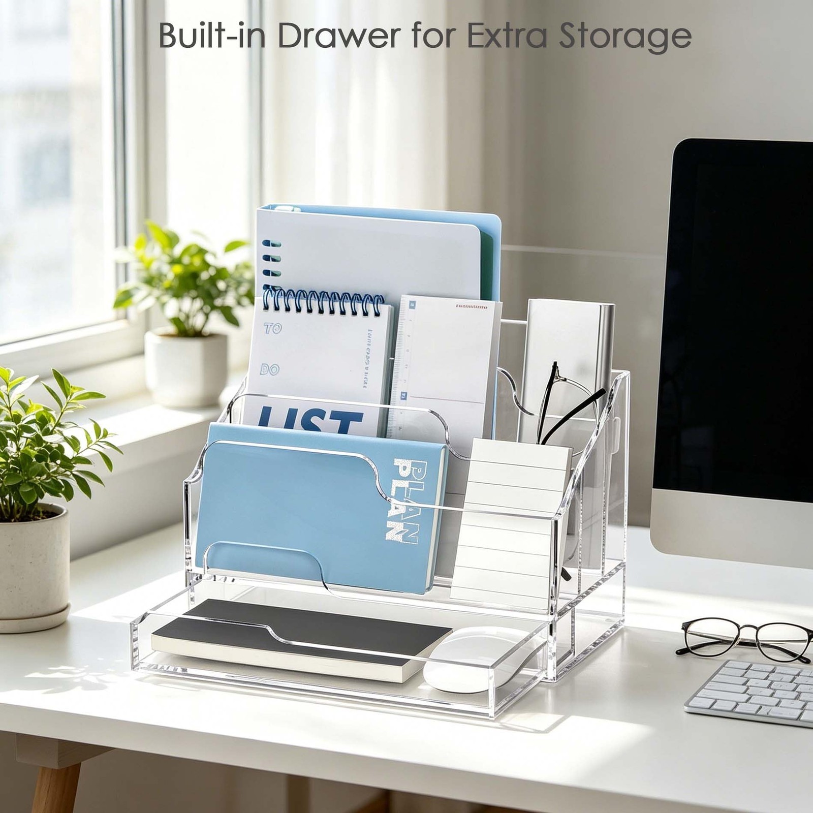 YUXUN Acrylic Mail Organizer for Desk – Transparent 3-Compartment
