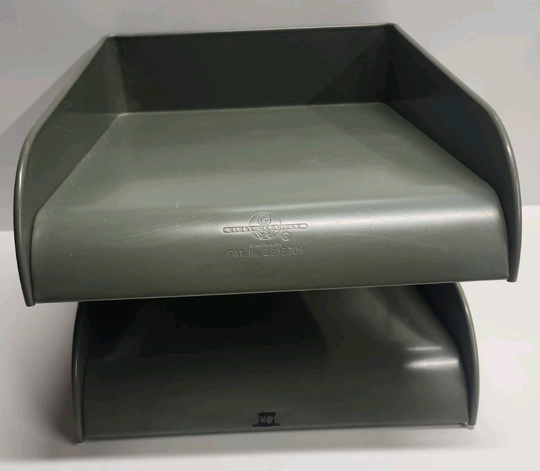 Vintage Globe-Wernicke 2 Tier Metal Paper Tray File Organizer Mid-Century Grey