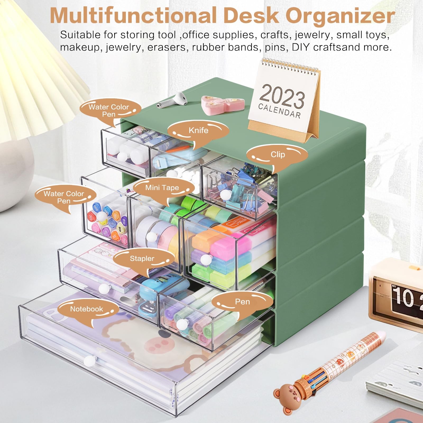 FODIENS 9Drawer Stackable Desk Organizer, Clear Storage Box, Green