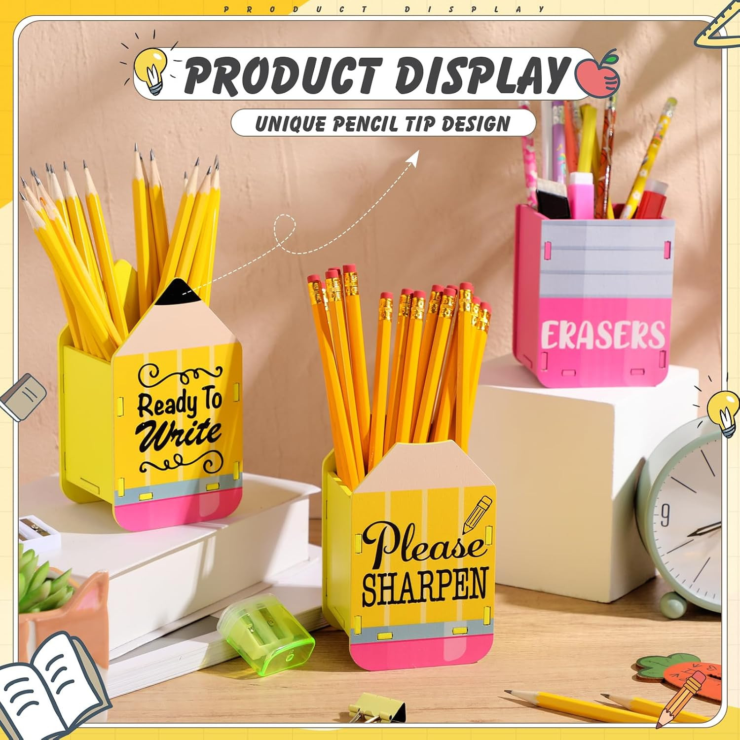 3 Pcs Sharp and Dull Pencil Holder Eraser Buckets Wooden Shaped Dispenser for Ba