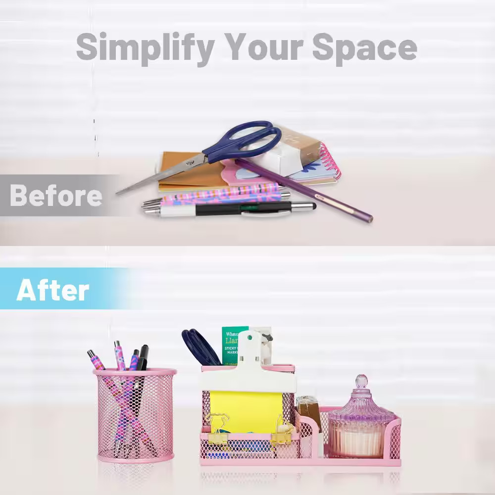 1-Pack Mesh Desk Organizer with Pencil Cup, 3 Compartments, Sticky Note Holder,