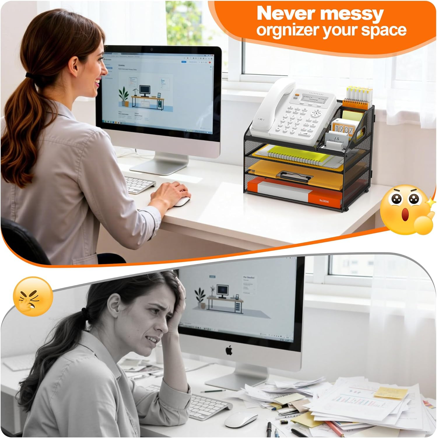 4 Tier Metal Mesh Letter Tray – Space Saving Desk File Organizer with Handle, Pe