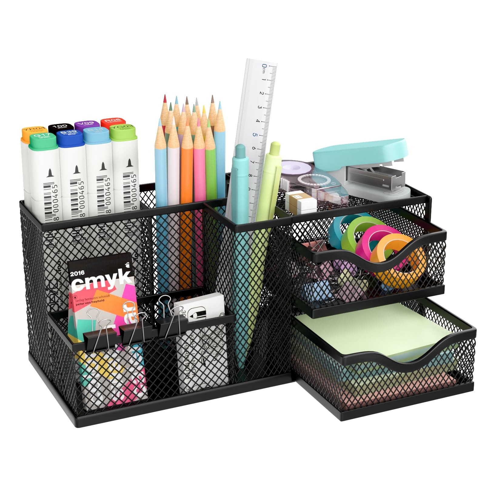 ReePlan Mesh Desk Organizer, Pen Organizer with 2 Drawers and 5 Black