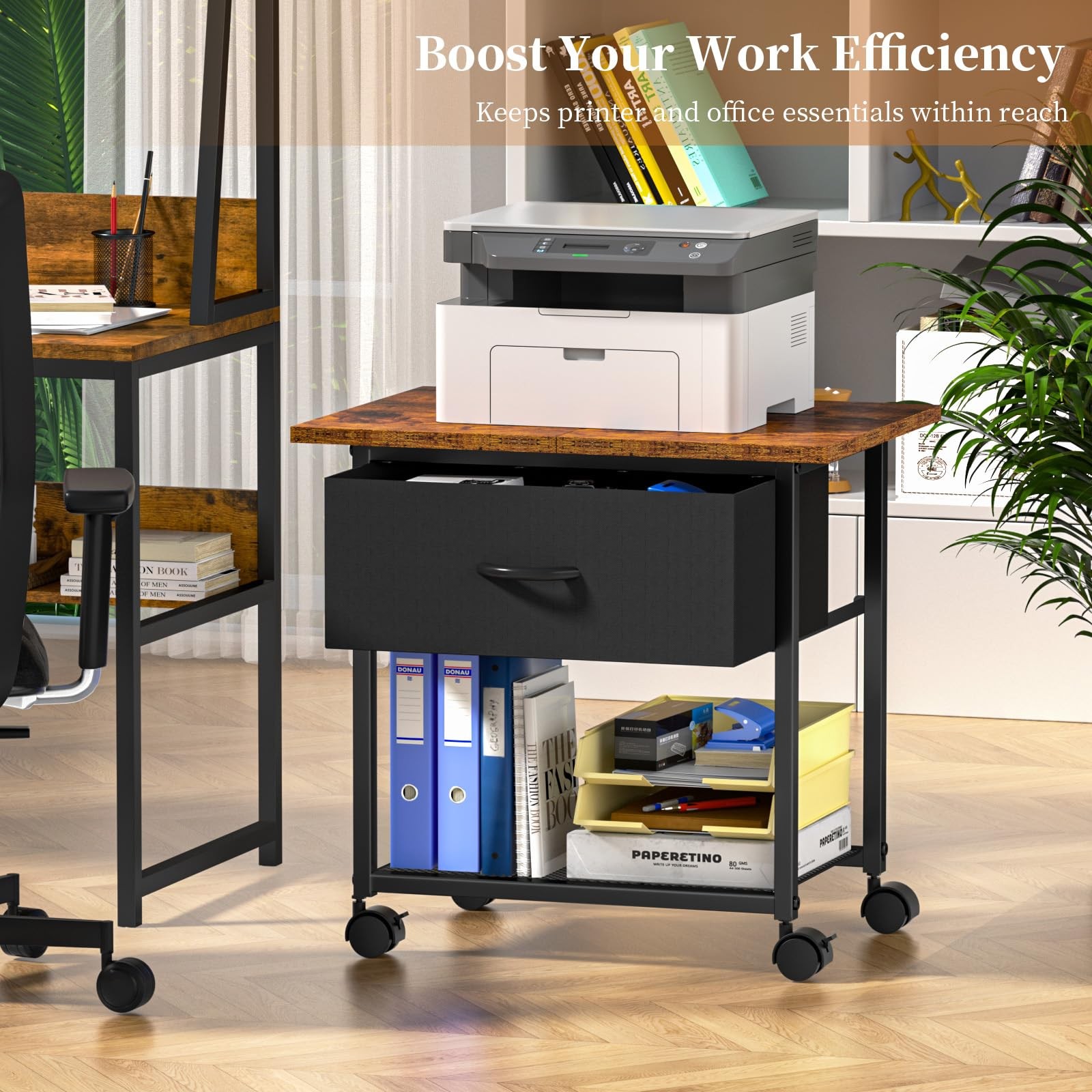 DAOUTIME 2-Tier Printer Stand with Storage Drawer, Under Desk Rustic Brown