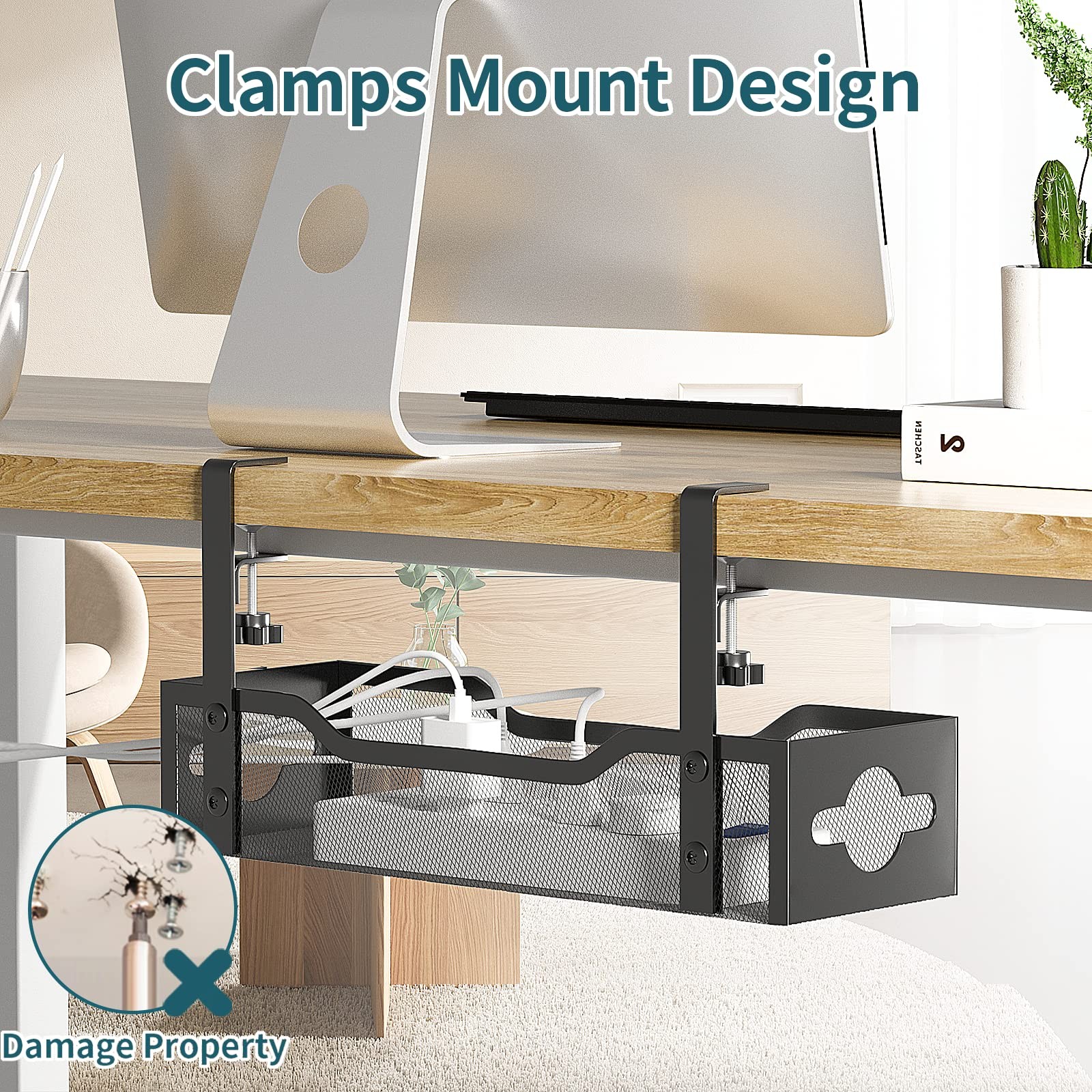 Under Desk Cable Management Tray No Drill, Metal Mesh 13.38″, Black