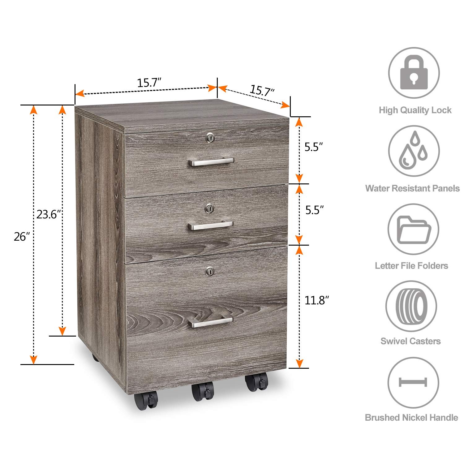 Bonnlo 26″H 3 Drawer File Cabinet With 15.7”W x 15.7”D x 26” H, Grey Oak