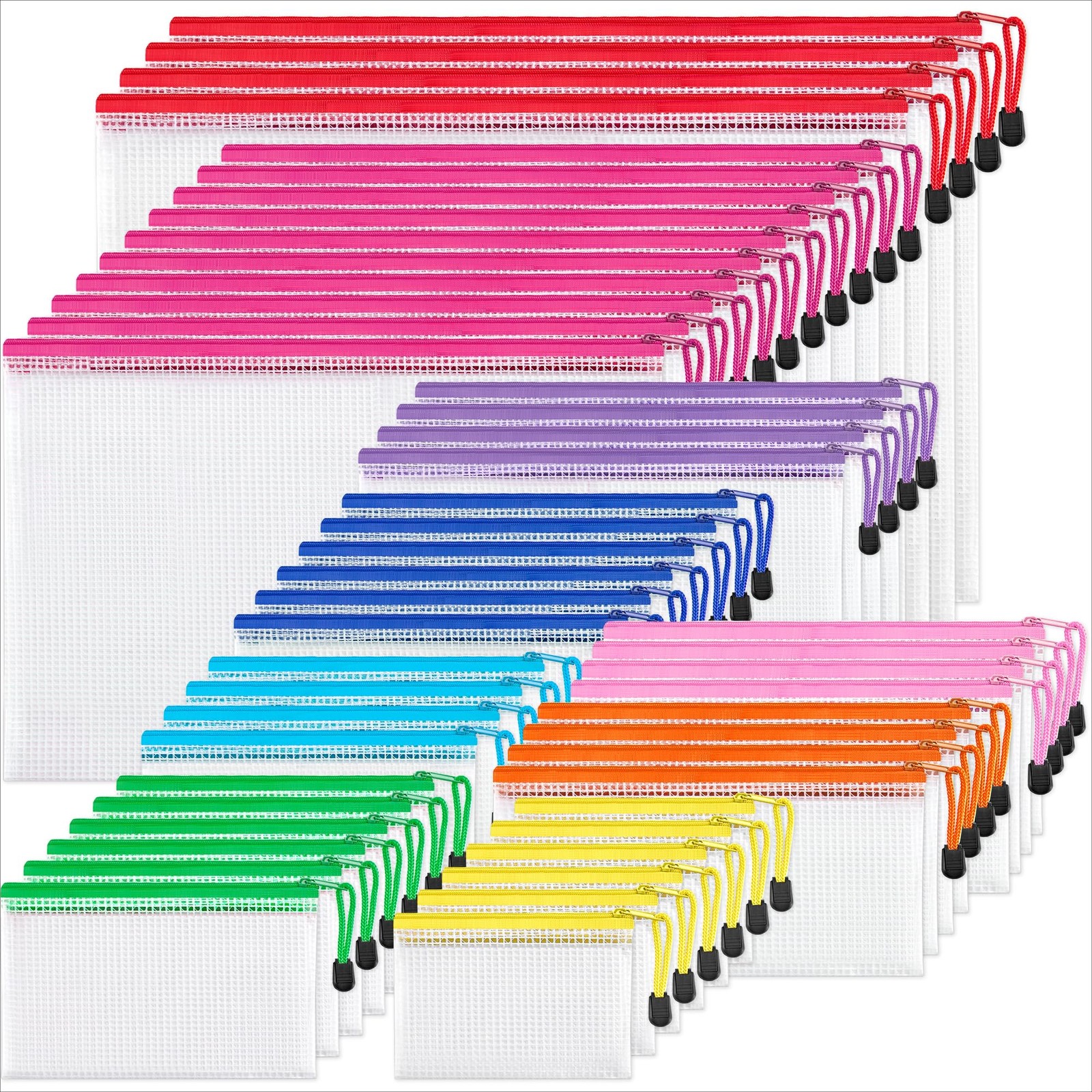 48 Pack 8 Sizes Mesh Pouch, 9 Colors, Waterproof Zipper File Bags Document Mu…