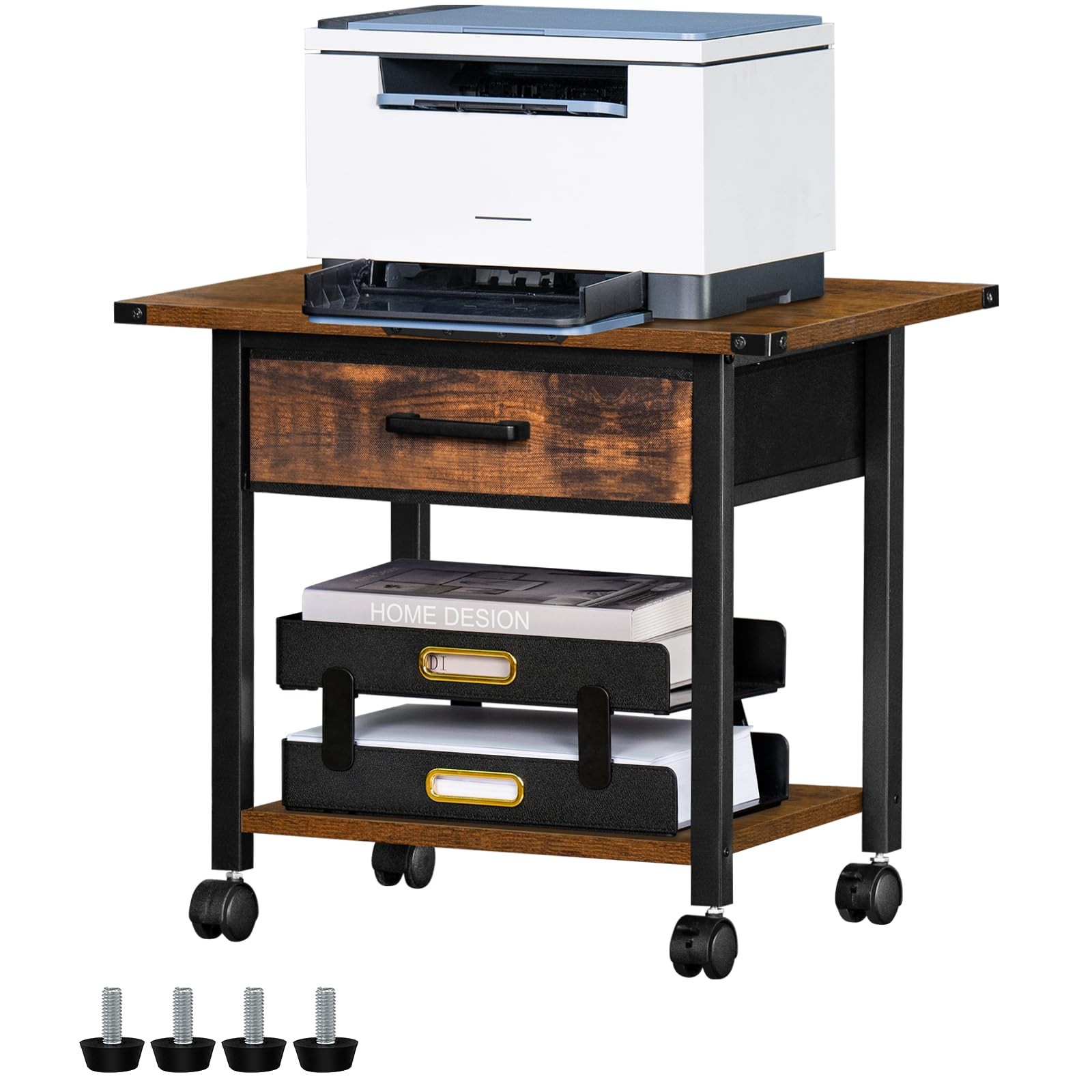 Lerliuo Under Desk Rolling Printer Stand with Drawer, 2-Tier 2 Tier, Brown