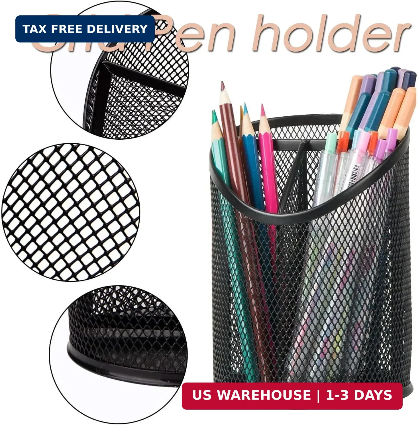 AKOAK Metal Net Pen Holder, Black 3 Compartments Pencil Organizer, Makeup Brush