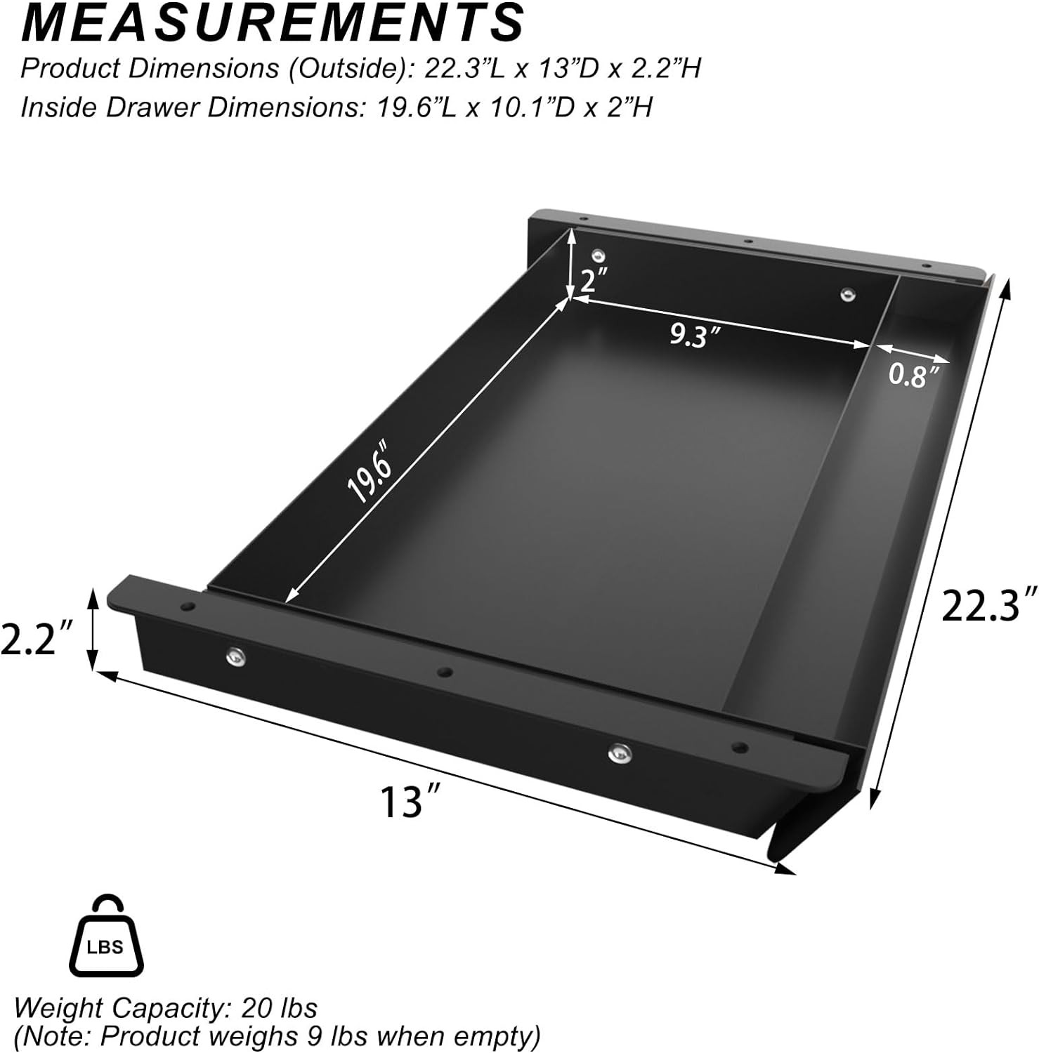 Large under Desk Mounted Sliding Drawer with Pencil Tray and 60 Degree Tilt Pane