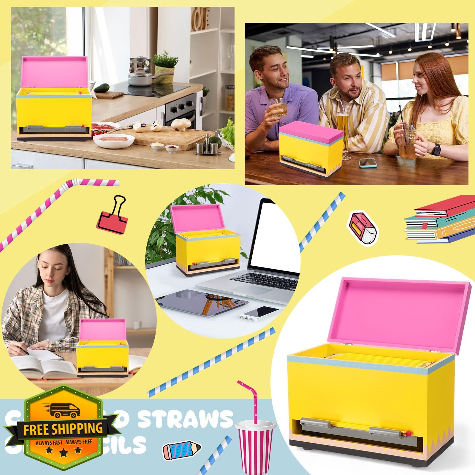 Yalikop 1 Pc Pink Yellow Pencil Dispenser