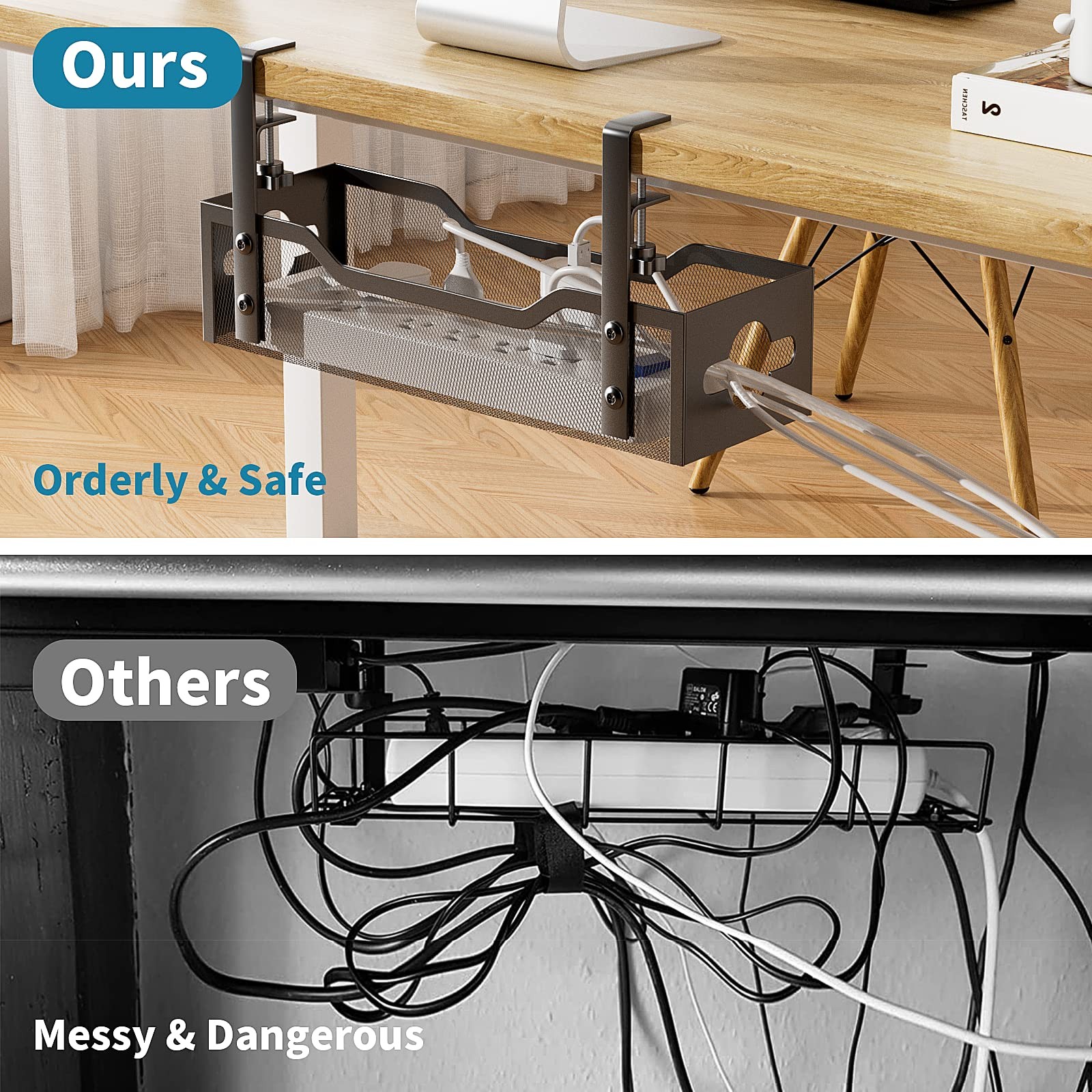 Under Desk Cable Management Tray No Drill, Metal Mesh 13.38″, Black
