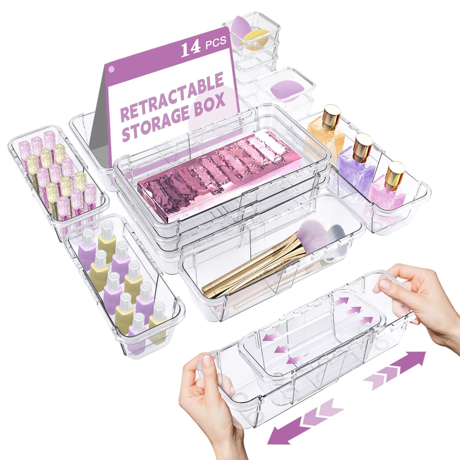14 Pcs Clear Drawer Organizer, Adjustable Drawer Storage Box, 3-Size Desk Dra…