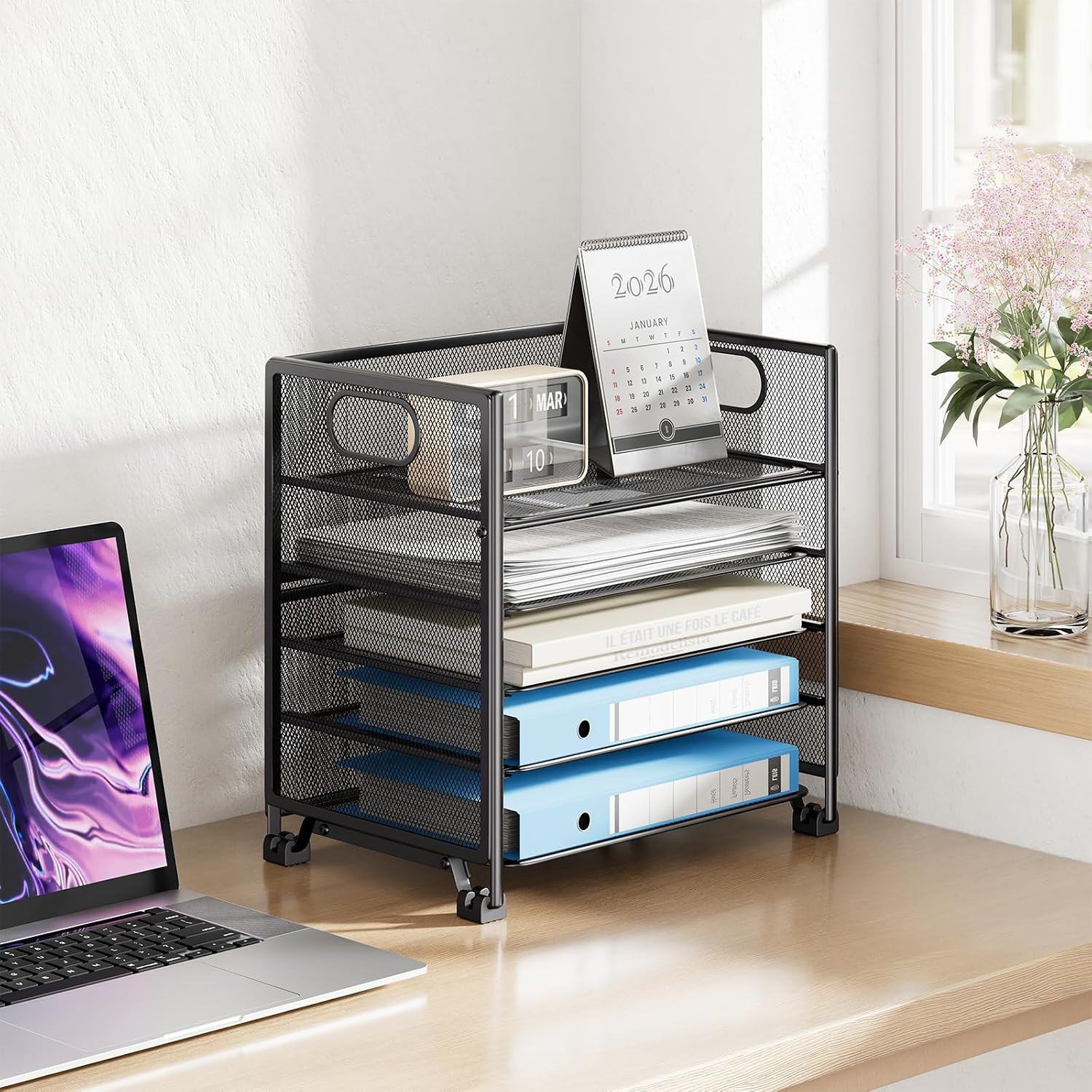 Simple Trending 5-Tier Letter Tray Organizer, Metal Mesh File Holder, Black | 5-
