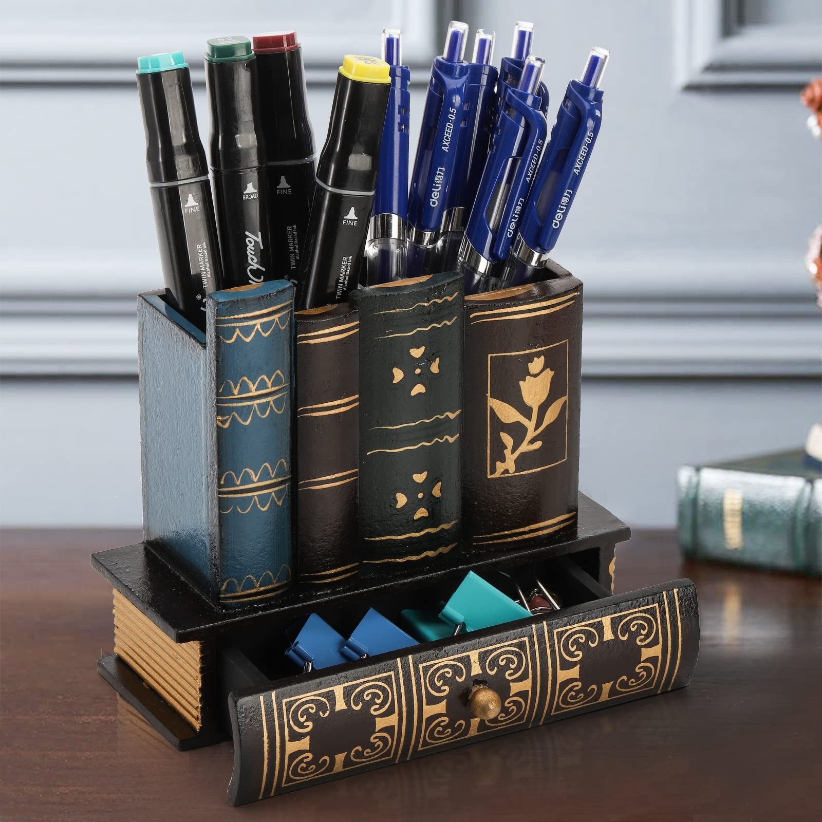 Decorative Pen Holder with Storage Drawer, Wooden Pencil Holder Organizer, An…