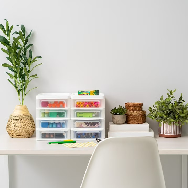 IRIS Small 4-Drawer Compact Desktop Organizer, Stacking Desktop Unit, White-Clea