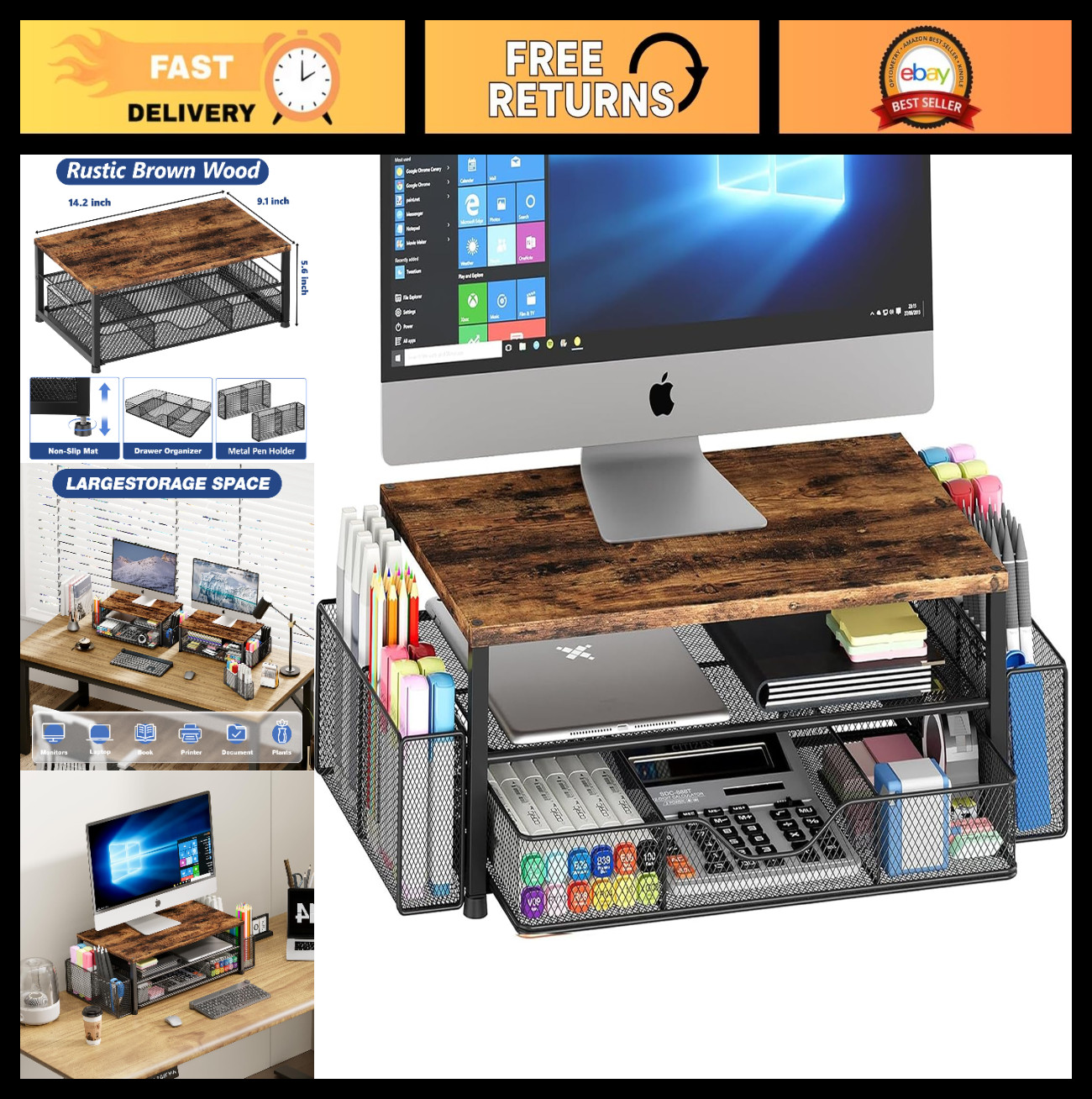2-Tier Wood Monitor Stand Riser with Drawer & 2 Pen Holders – Office Desk Organi