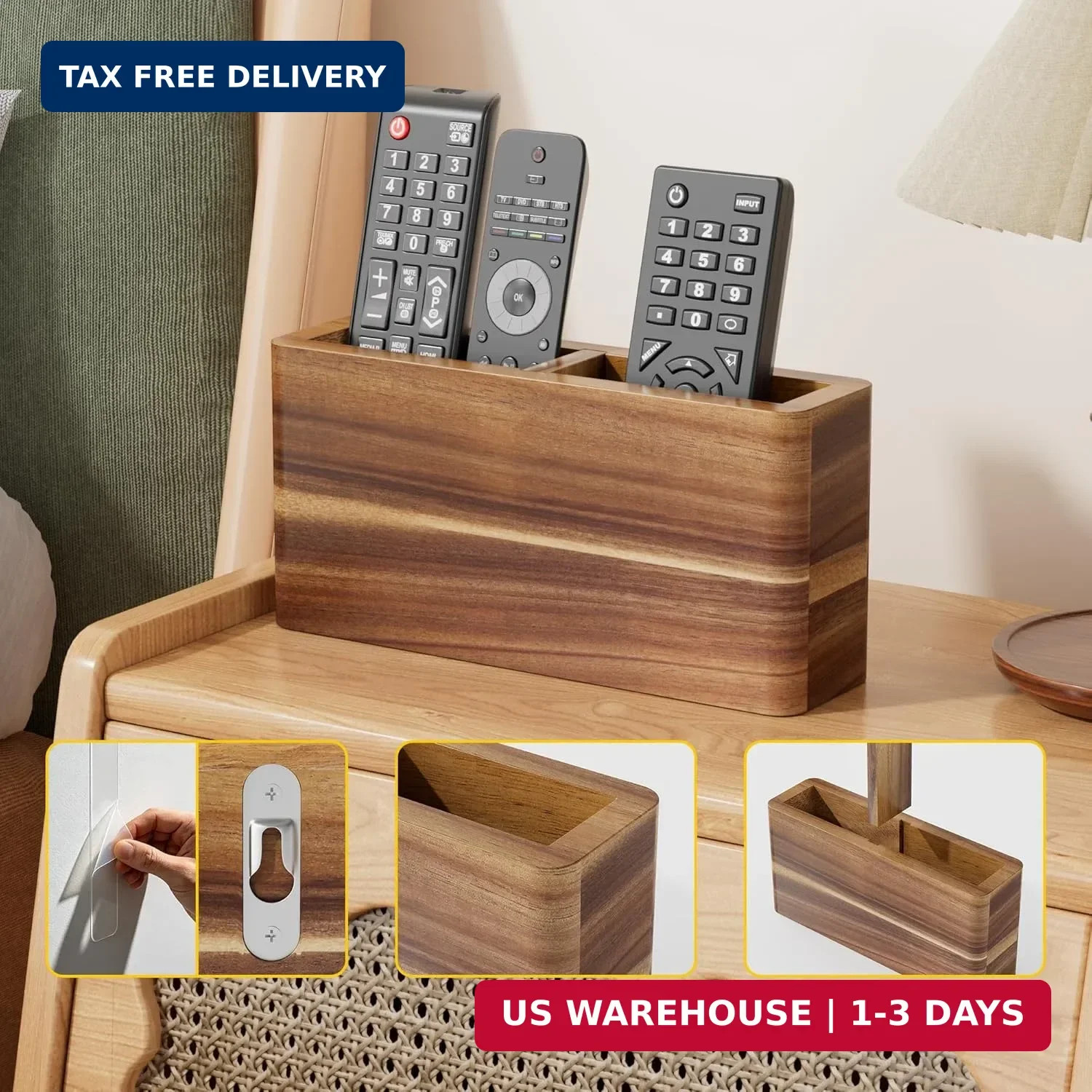 Wood Remote Control Holder Wall Mount, TV Remote Holder for Wall, Remote Control