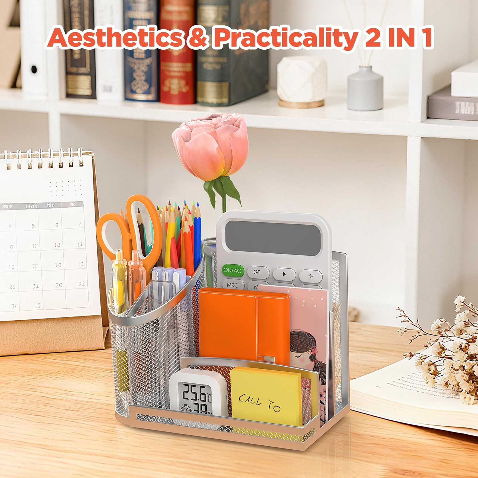 OrgMate 3 Compartment Pen Holder with Vertical Mail Organizer and Silver