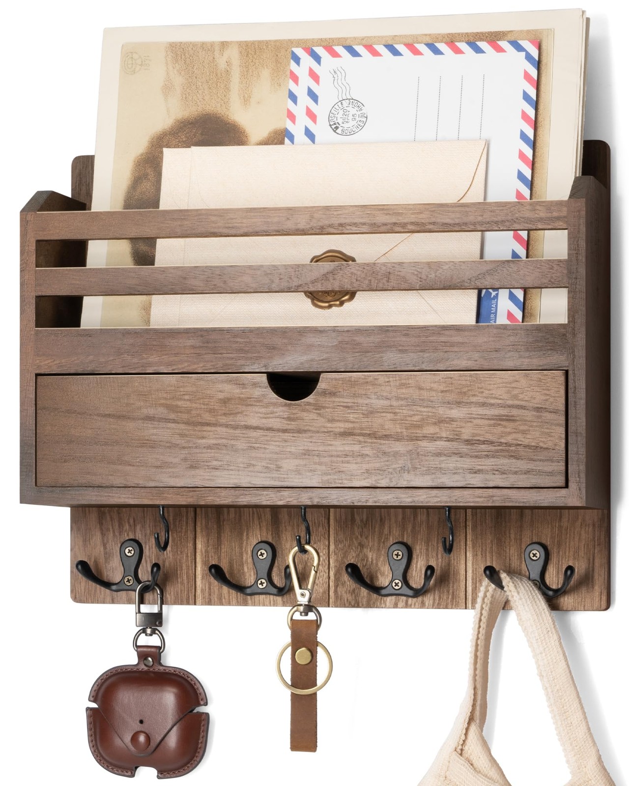 Farmhouse Wood Mail Organizer Wall Mount – Key and Mail Holder for Wall with Sto