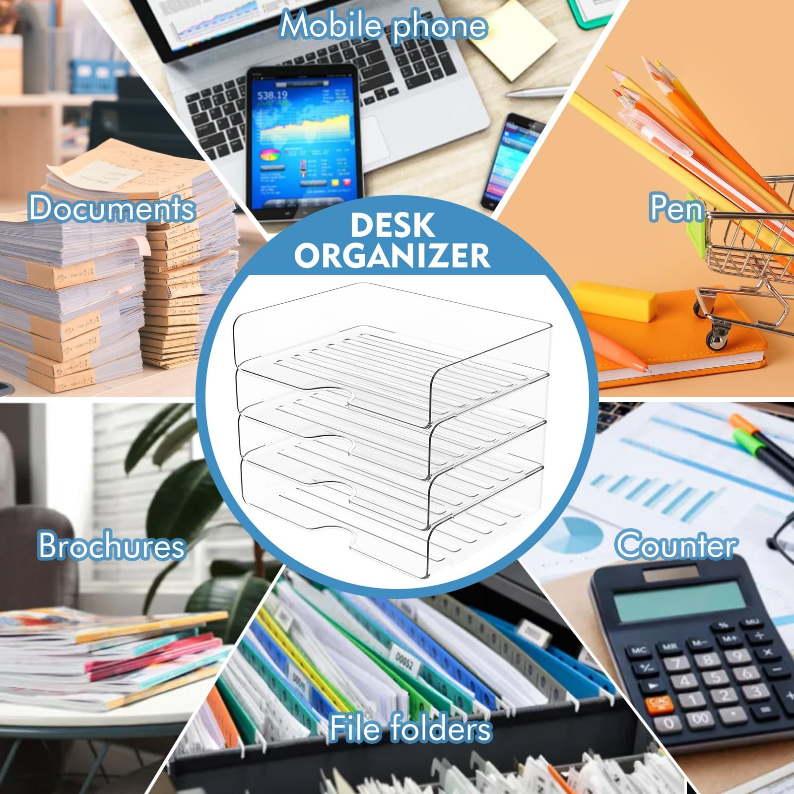 Paper Organizer Letter Tray, 4 Pack Acrylic Stackable 4-tier Widened, White