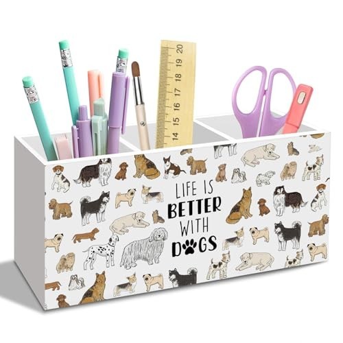 Wood Pencil Holder Desk Organizer 3 Compartments Dog Design 7.9×3.5×2.5 Inch