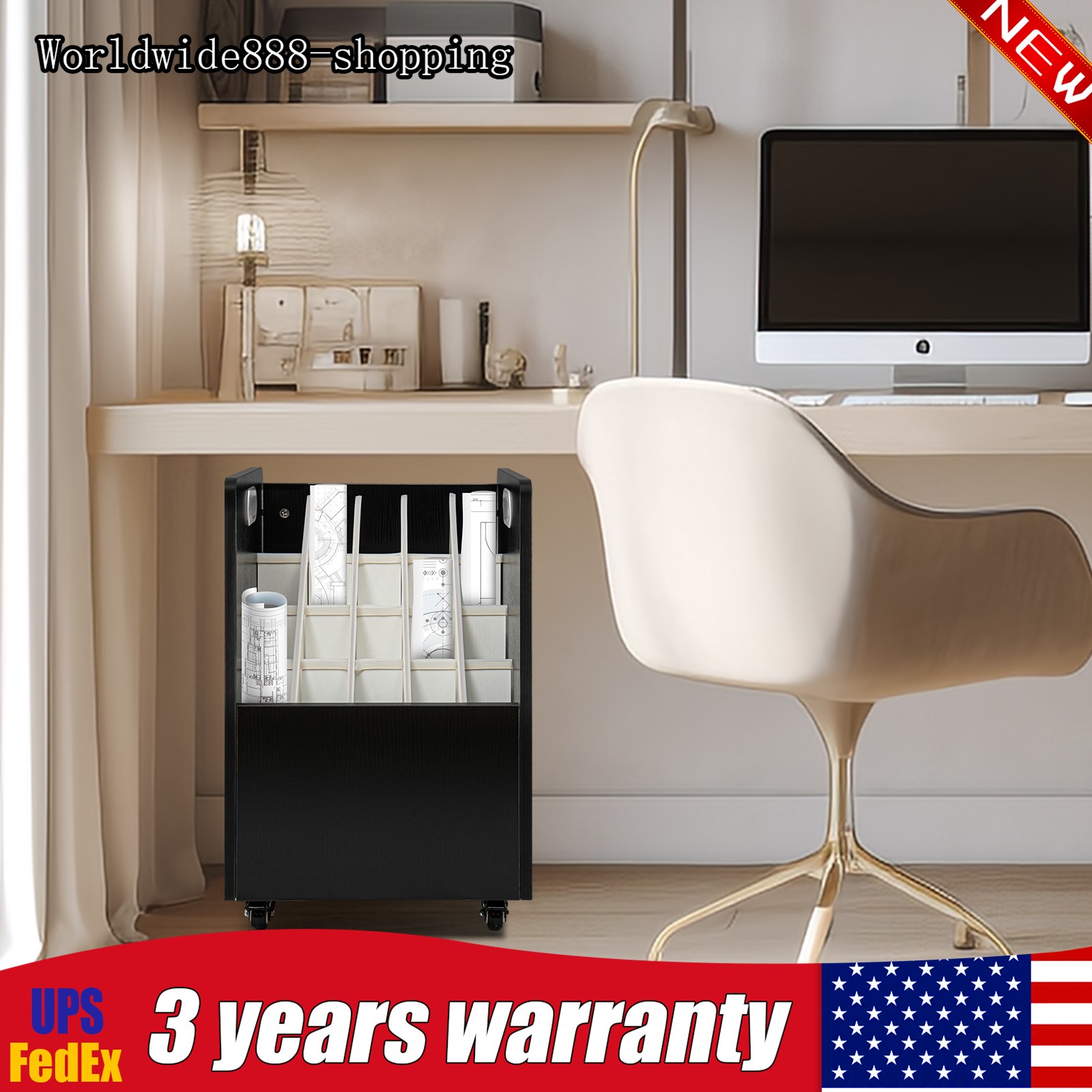 20-Slot Mobile Rolling Blueprint Roll File Cart Modern Document Organizer Black