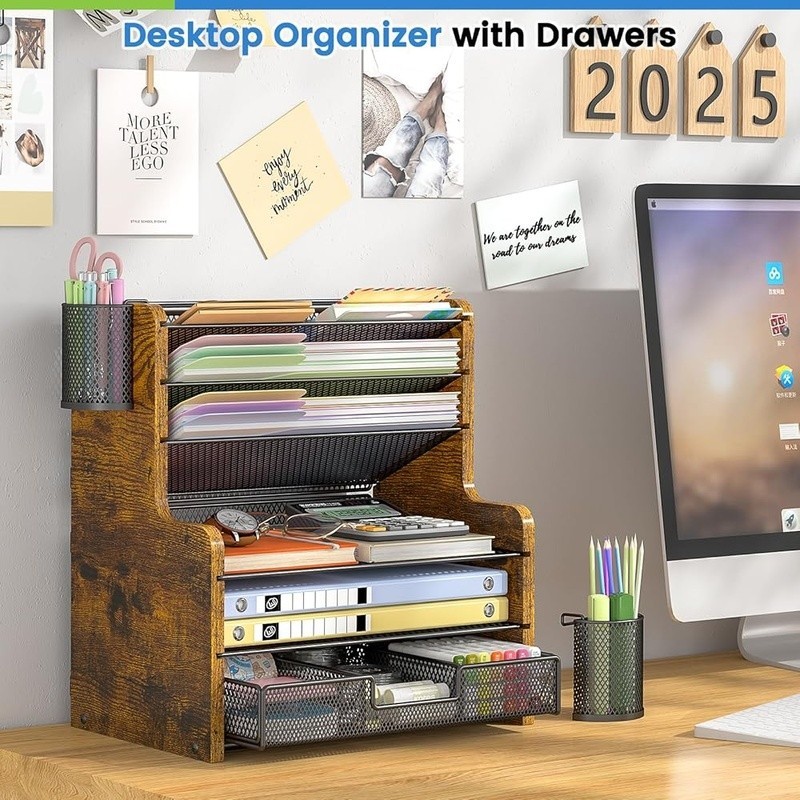 Versatile Desk Organizer W/ 5-Tier Paper Trays & Smooth-Gliding Drawer New