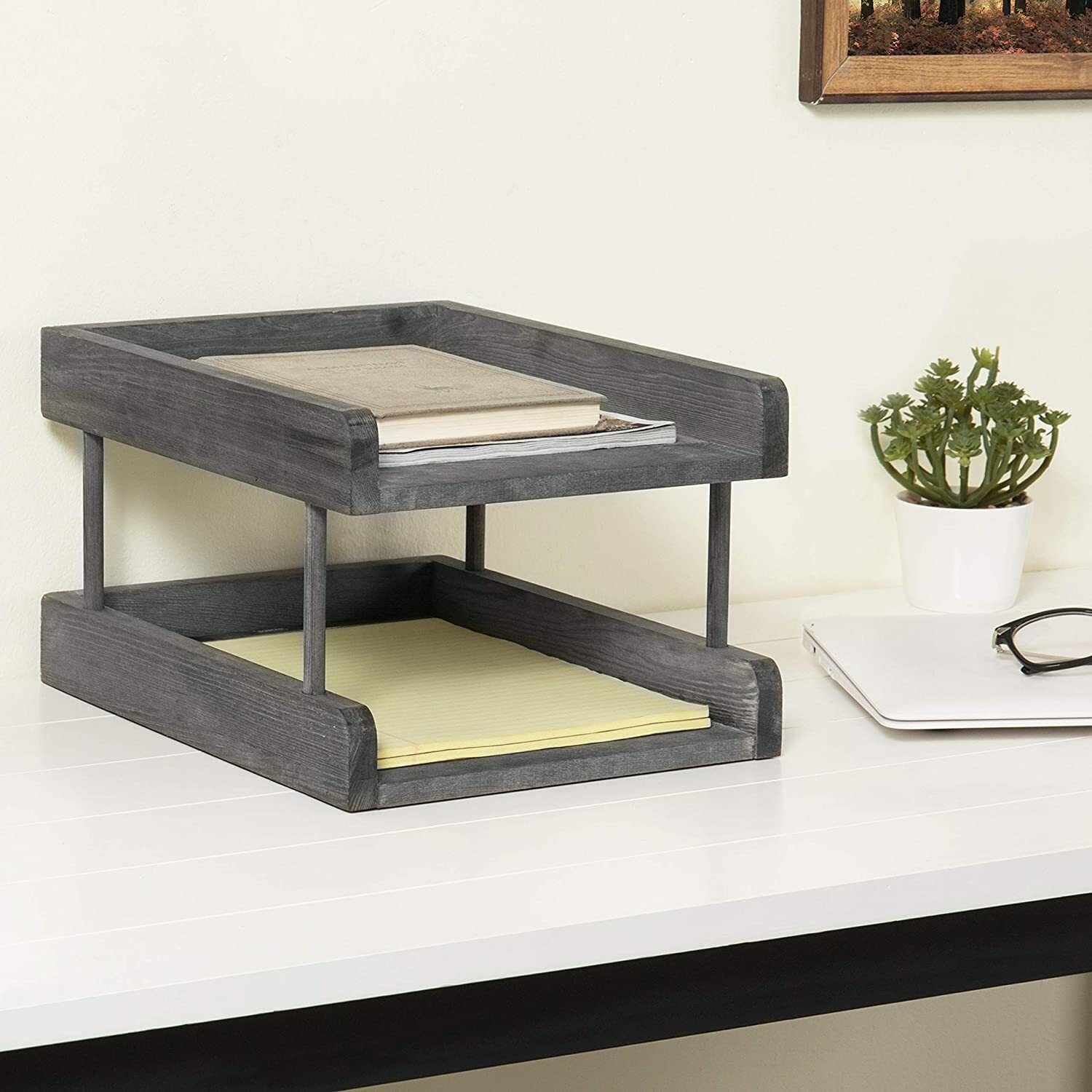 Rustic Grey Wood Paper File Organizer in & Out Desktop Document Holder Tray