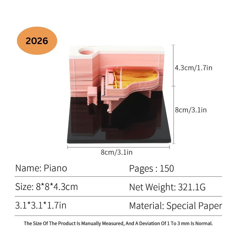 Time Piece Calendar, 3d Memo Pad Creative Desk 2026 Calendar Pink Piano