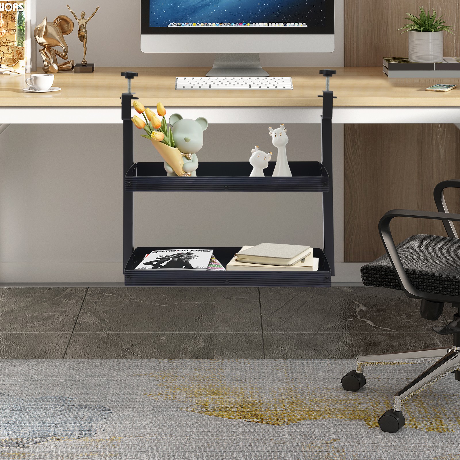 2Tier Clip-on Desktop Organizer Desk Shelf w/Adjustable Storage Tray Home Office