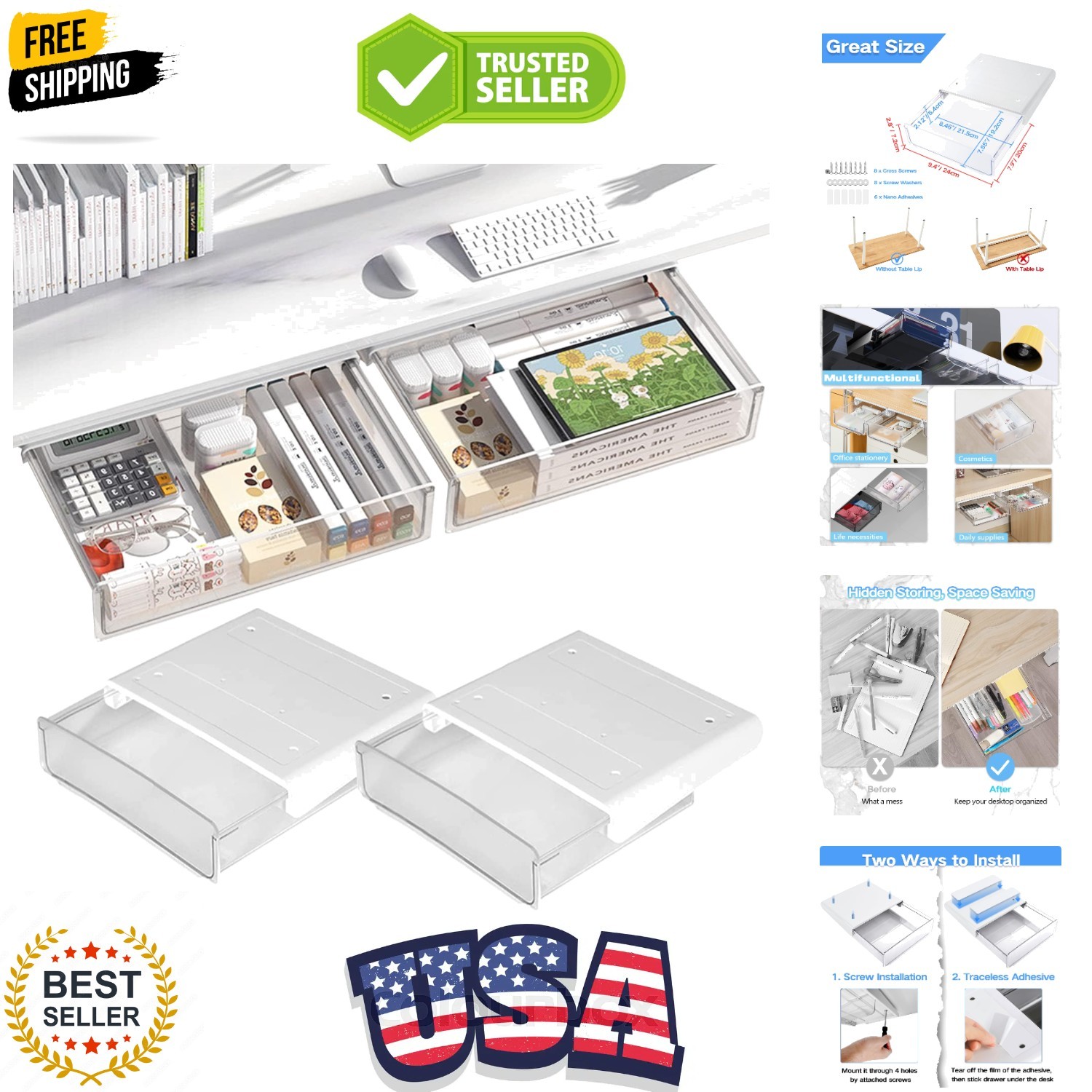 Self-adhesive Under Desk Drawer Organizer, 2 Pack Table Hidden Slide Out Larg…
