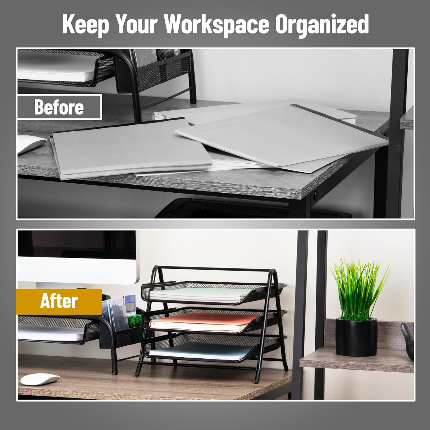 3-Tier Paper Tray, Desktop Organizer, File Storage, Workspace, Office, Metal Mes