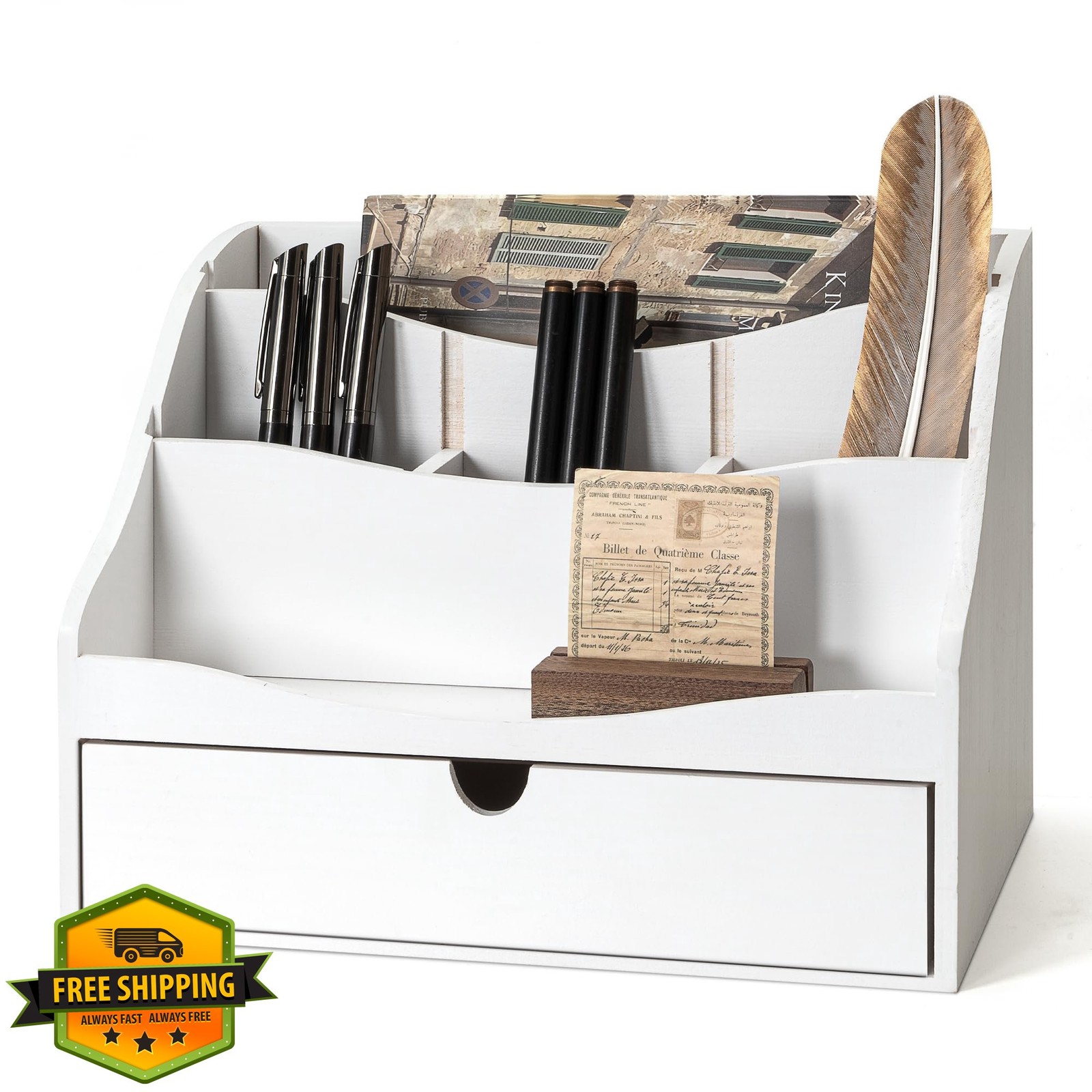 Rebee Vision Pine Wood Mail Organizer Desk Sorter 4-Slot White