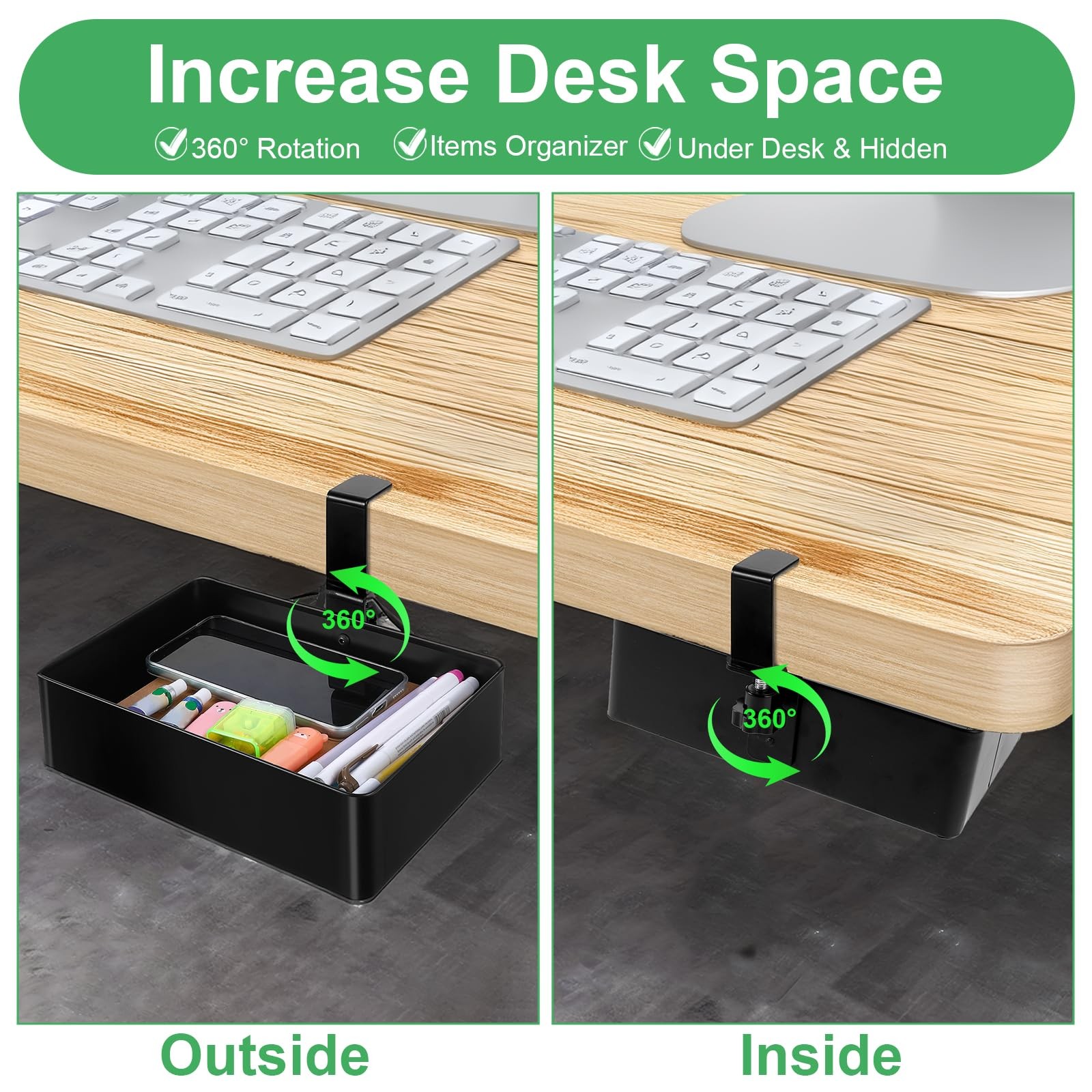 Tolare Under Desk Metal Drawer, Drawer Organizer, 360° Black