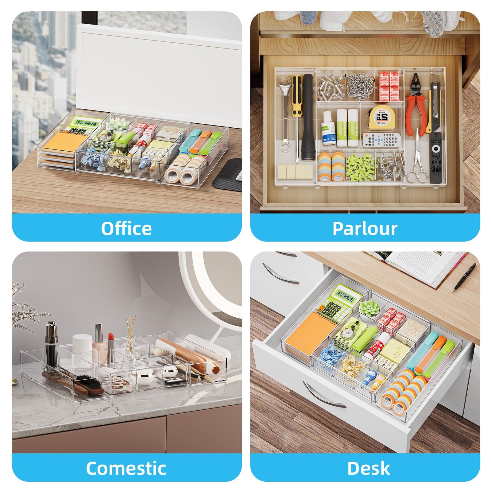 Marbrasse Expandable Desk Drawer Organizer, Clear Plastic