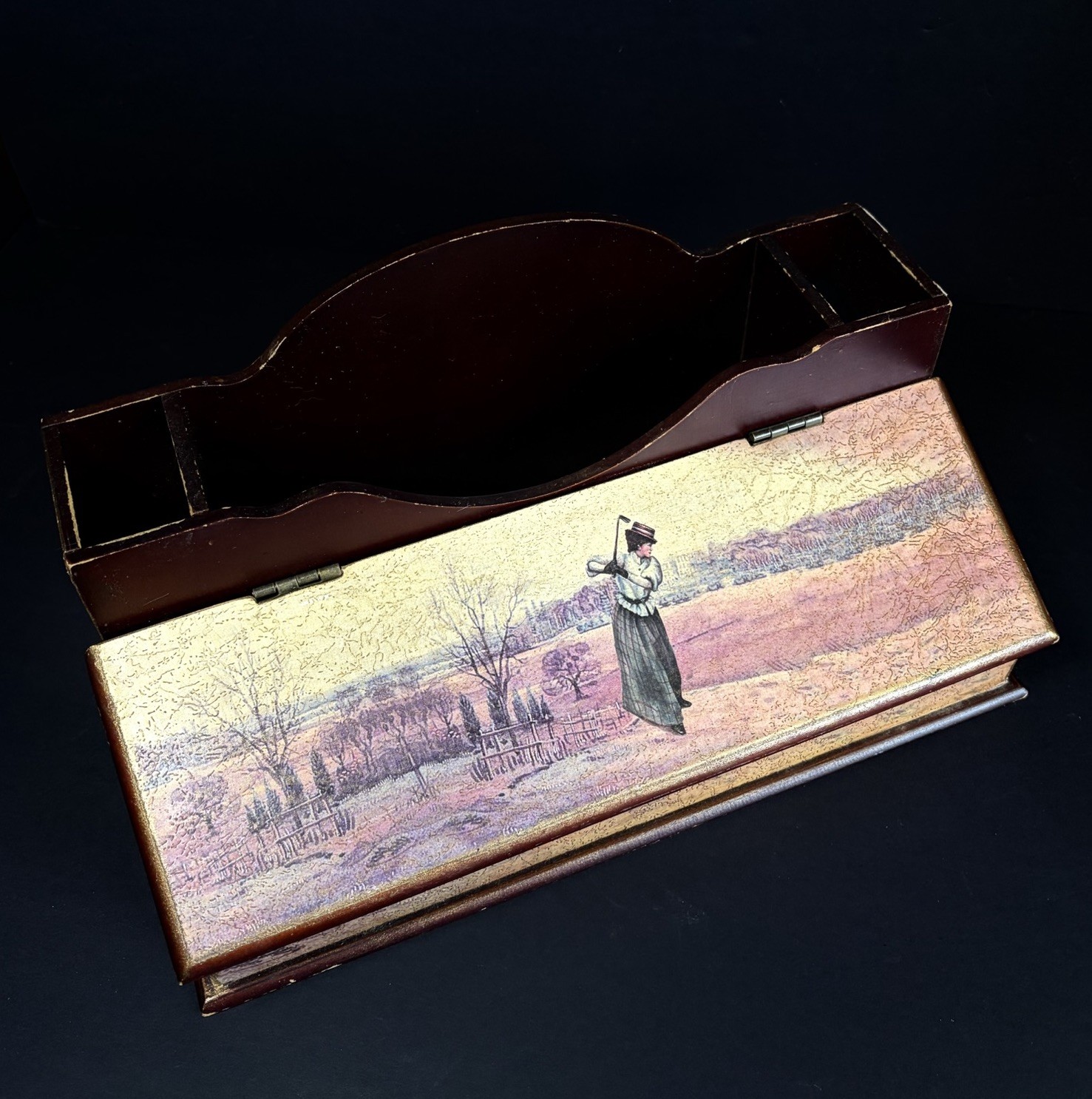 Vintage Woman Golfer Desk Organizer Mail Papers Letters Pens Holder Storage Box