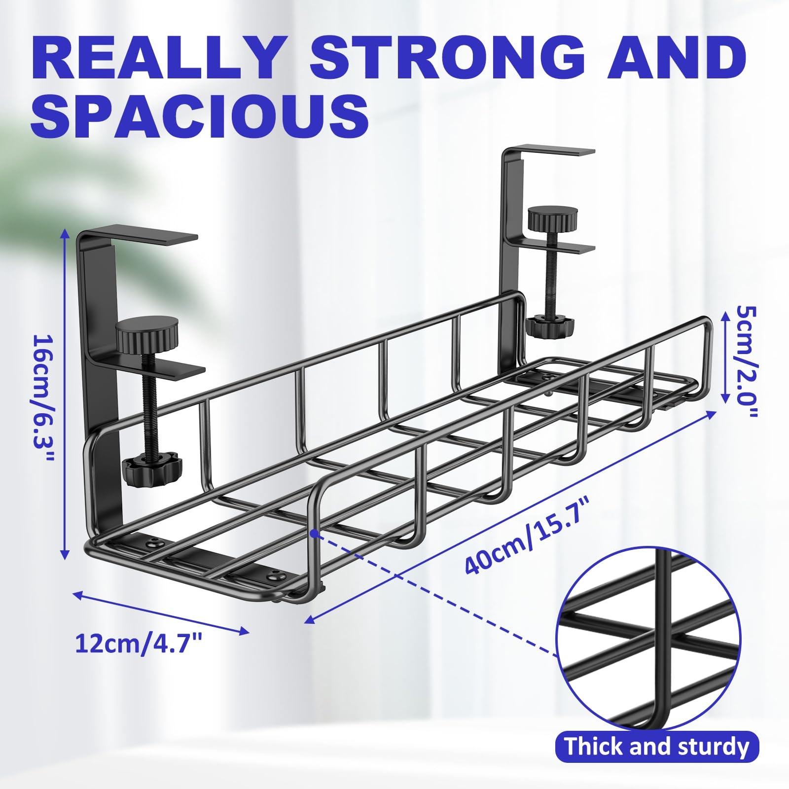 15.7” Under Desk Cable Management Tray, No Drill Steel 1 Pack, Black