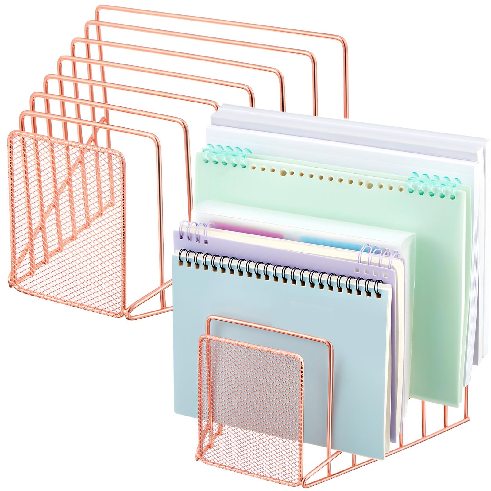 2 PCS Rose Gold 7 Section Wire File Organizer Desk Metal Mesh Incline Rack