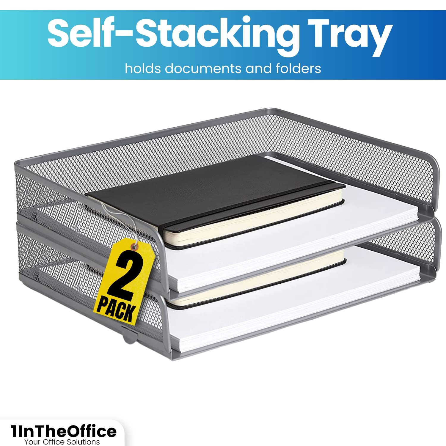 Desk Tray Letter Size Stackable Side Load Silver Mesh 2 Pack Office