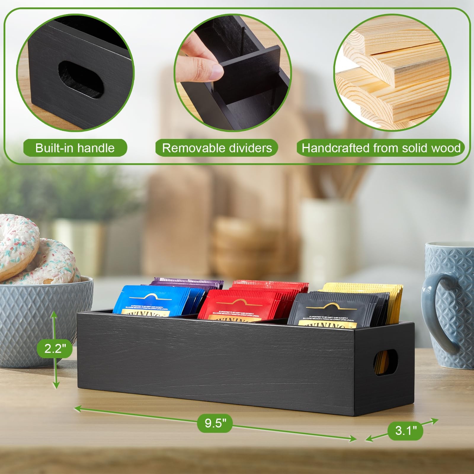 DRASTAR Tea Bag Organizer, Black Wooden Holder, 3 Slots,