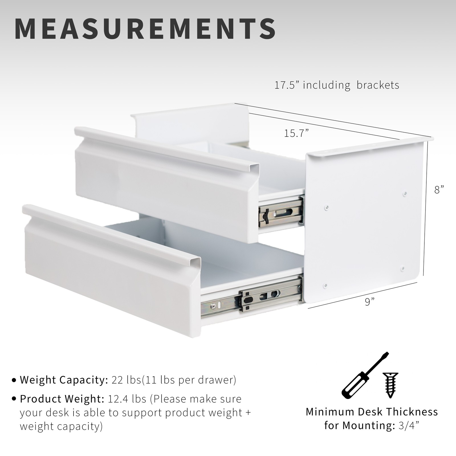 VIVO White Dual Level 16″ Pull Out Under Desk Storage Drawer Set without Shell