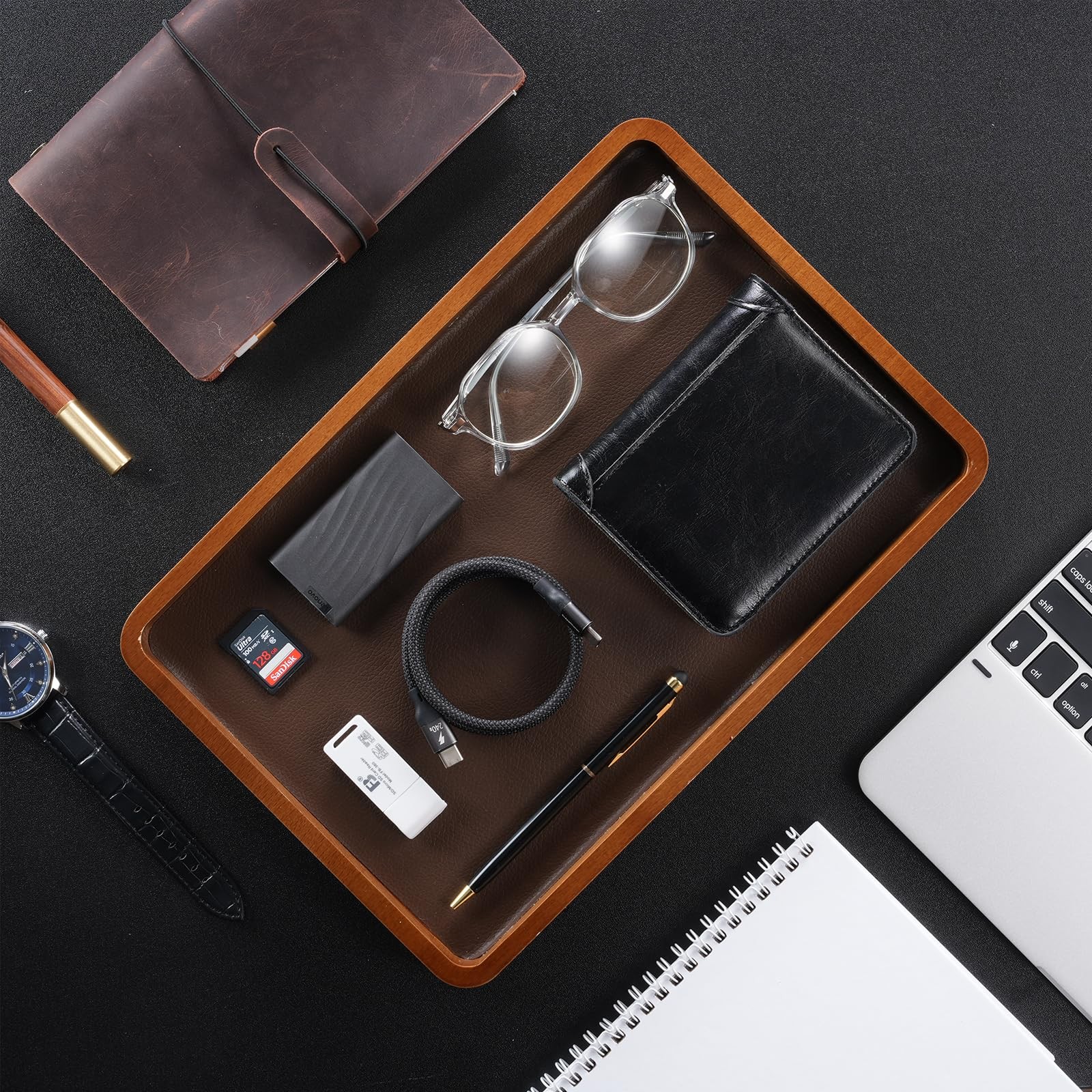 ProCase Wooden Valet Tray for Men, Wood Catch-All EDC Organizer, Dark Brown