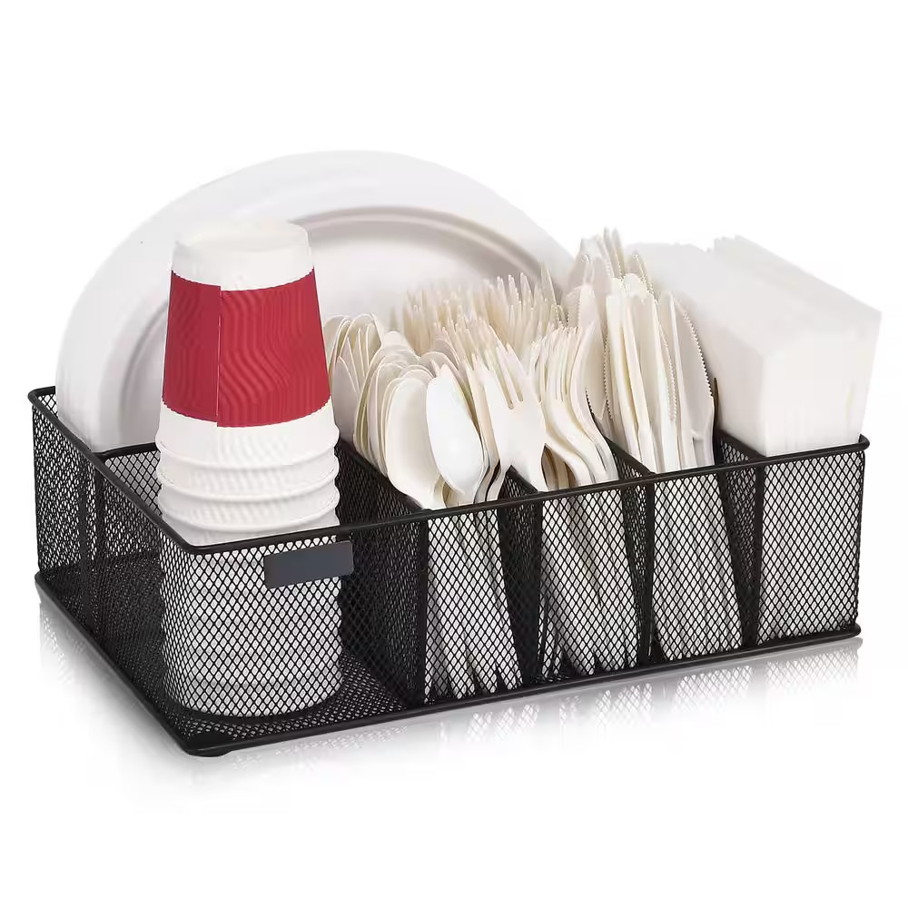Countertop Black Metal Paper Plate Organizer with 6 Compartments Cup Napkin Uten