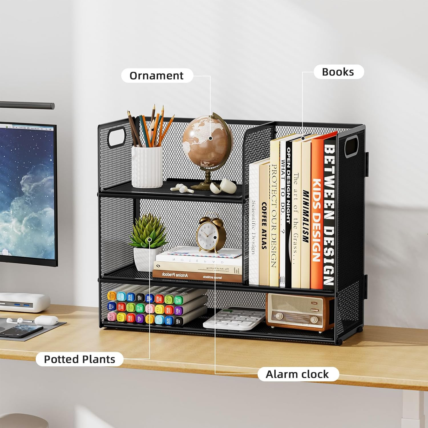 3-Tier Desk Shelf Organizer with Handle, Desktop Bookshelf File Holder, Mesh Dis